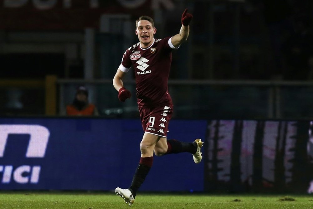 Torinos forward Andrea Belotti celebrates after scoring on January 16, 2017