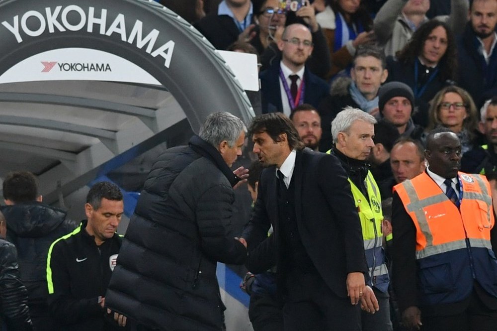 Chelseas head coach Antonio Conte (R) shakes hands with Manchester Uniteds manager Jose Mourinho after the final whistle at Stamford Bridge in London on October 23, 2016