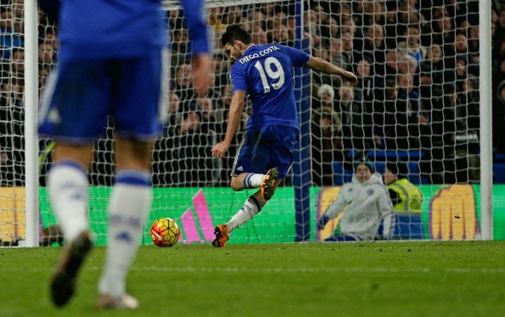 Chelseas Diego Costa shoots and scores during the match against Manchester United at Stamford Bridge in London on February 7, 2016