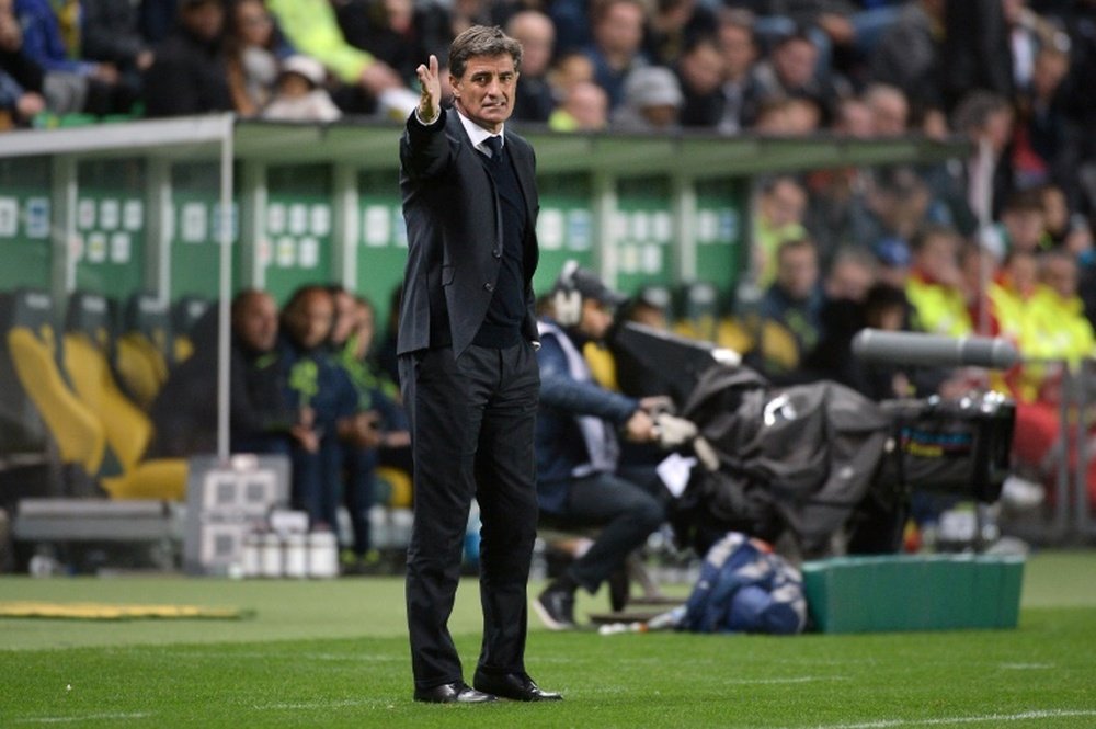 Marseilles Spanish coach Michel gestures during the French L1 football match between Nantes and Marseille at the Beaujoire stadium in Nantes, western France, on November 1, 2015