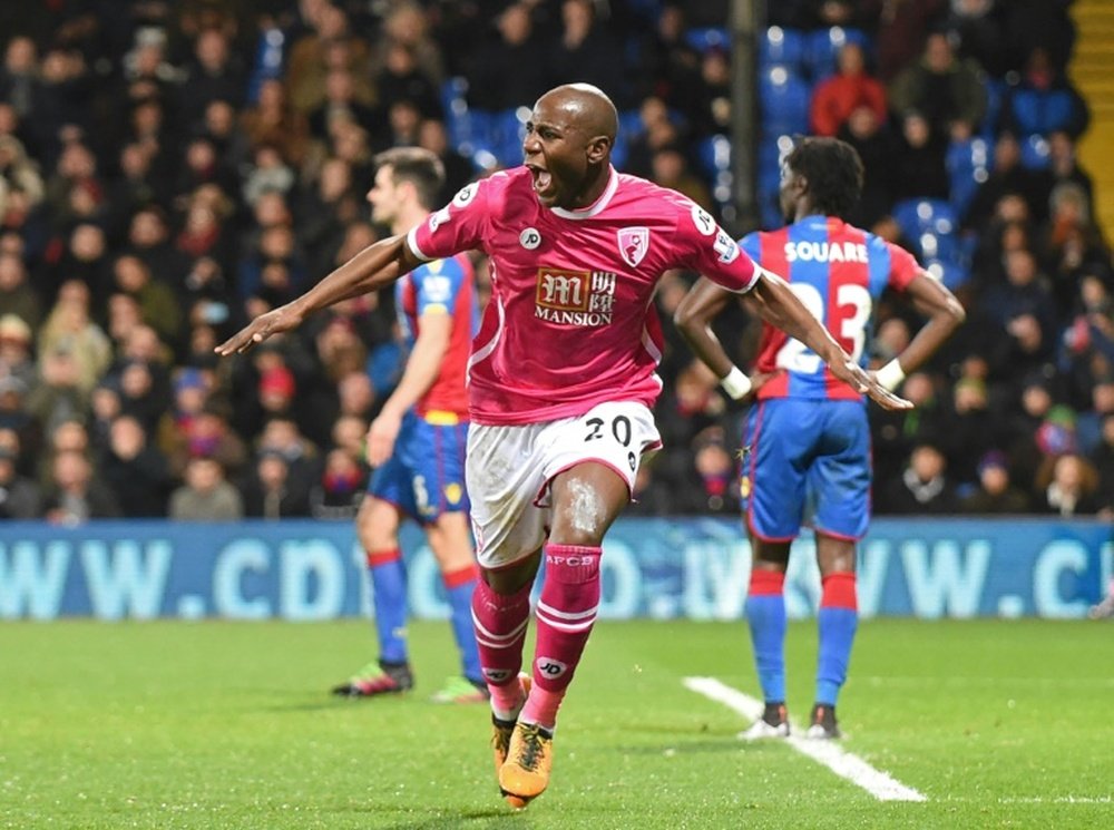 Bournemouths striker Benik Afobe celebrates after scoring their second goal during the English Premier League match against Crystal Palace at Selhurst Park in south London on February 2, 2016