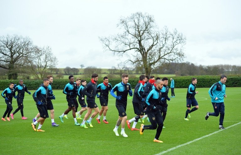 The Arsenal team attend a training session ahead of the UEFA Champions League round of 16 match against Barcelona, at Arsenals London Colney training ground on February 22, 2016