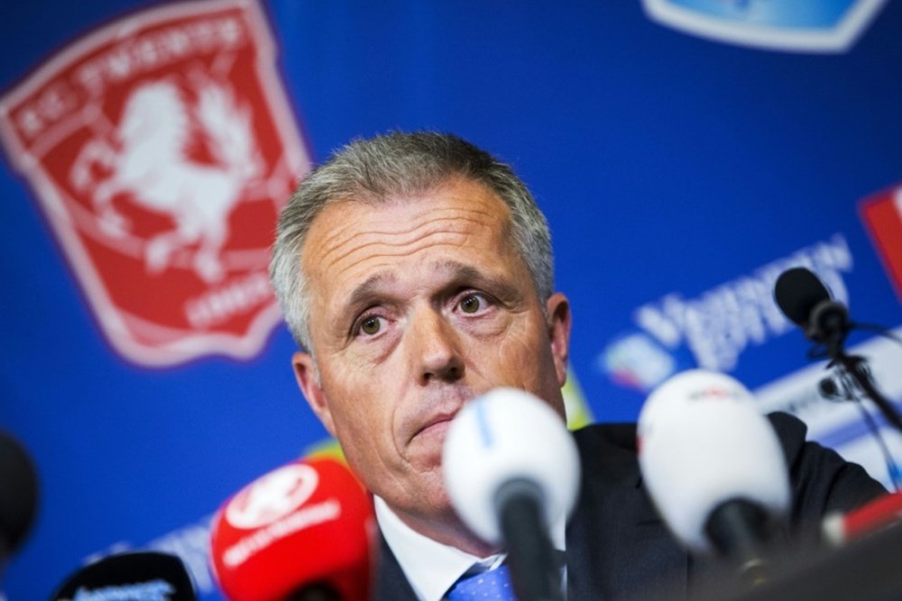 Chairman of FC Twente Onno Jacobs, pictured on May 18, 2016, speaks during a press conference after his team was demoted from the Eredivisie (premier league) to the first division by the the Royal Dutch Football Association (KNVB)