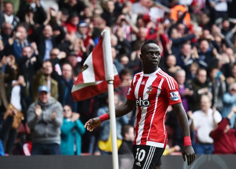 Southamptons midfielder Sadio Mane celebrates after scoring on May 1, 2016