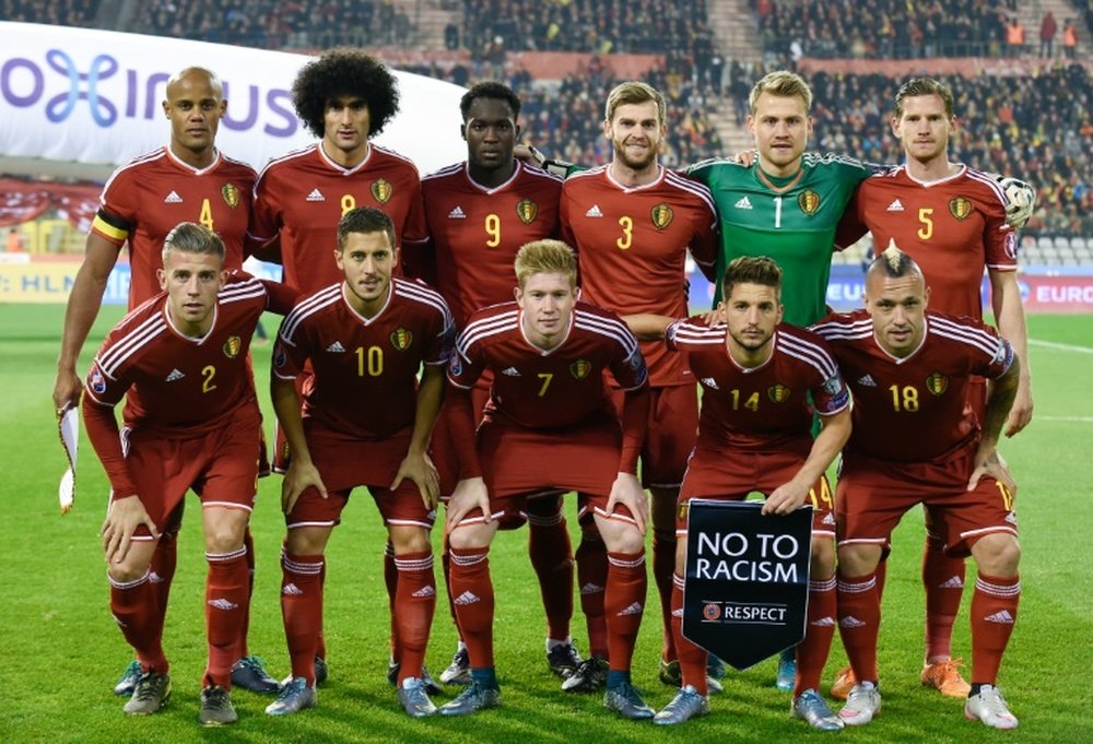 Belgiums national team (front row from L-R) Toby Alderweireld, Eden Hazard, Kevin De Bruyne, Dries Mertens, Radja Nainggolan (2nd row from L -R) Vincent Kompany, Marouane Fellaini, Romelu Lukaku, Nicolas Lombaerts, Simon Mignolet , Jan Vertonghen