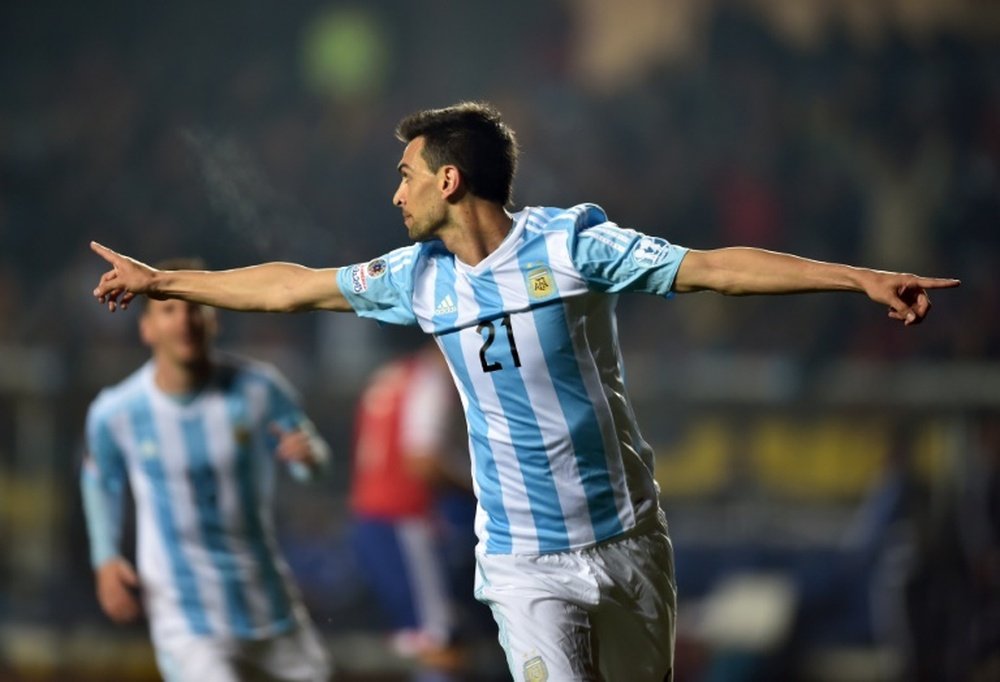 Argentinas midfielder Javier Pastore celebrates after scoring against Paraguay during their Copa America semifinal football match in Concepcion, Chile on June 30, 2015