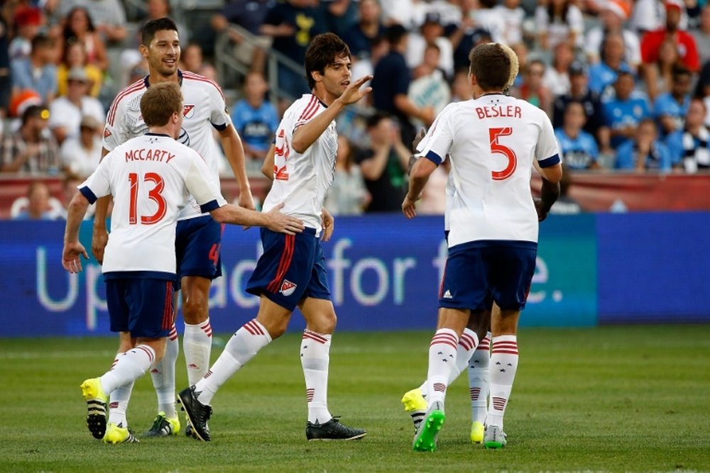 Kaka (C) of MLS All-Stars celebrates a goal against Tottenham Hotspur in their 2015 AT&T Major League Soccer All-Star game on July 29, 2015 in Commerce City, Colorado