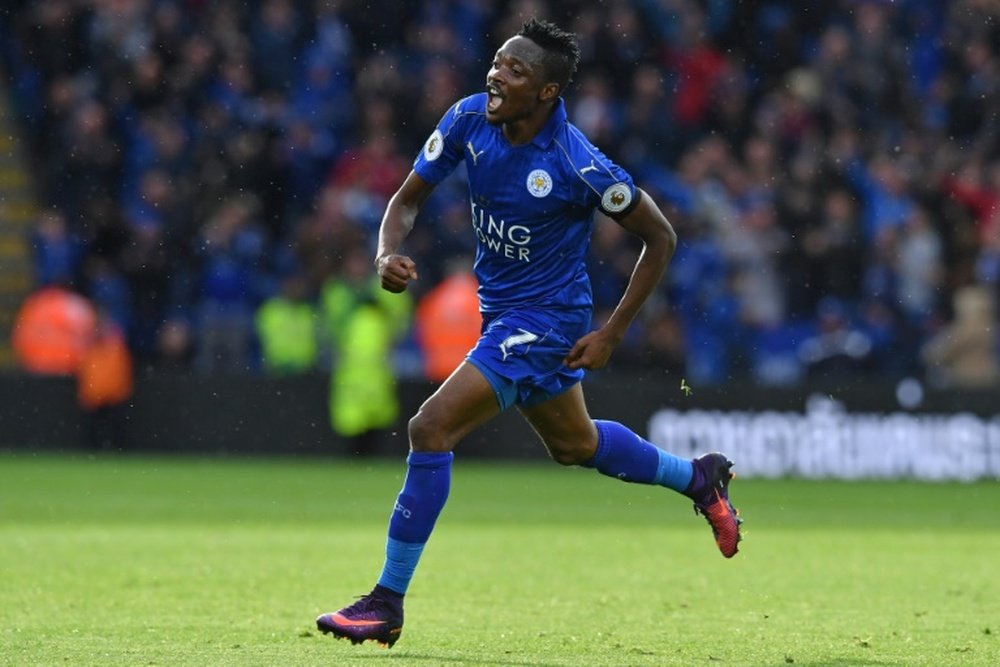 Leicester City's Ahmed Musa celebrates after scoring the opening goal against Crystal Palace. AFP