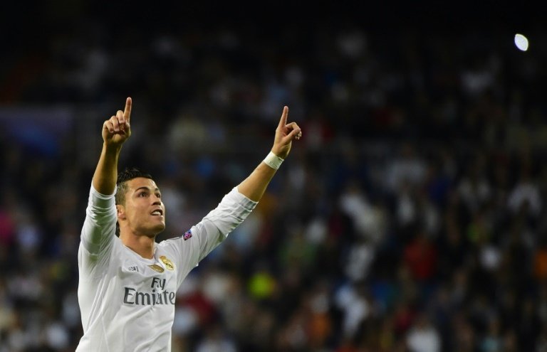 Real Madrids Cristiano Ronaldo celebrates his second goal during the Champions League match against Shakhtar Donetsk at the Santiago Bernabeu stadium on September 15, 2015