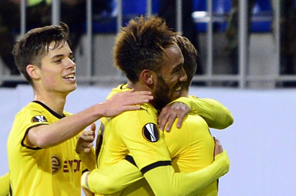 Dortmunds players celebrate a goal during a UEFA Europa League group C football match against Qabala in Baku on October 22, 2015