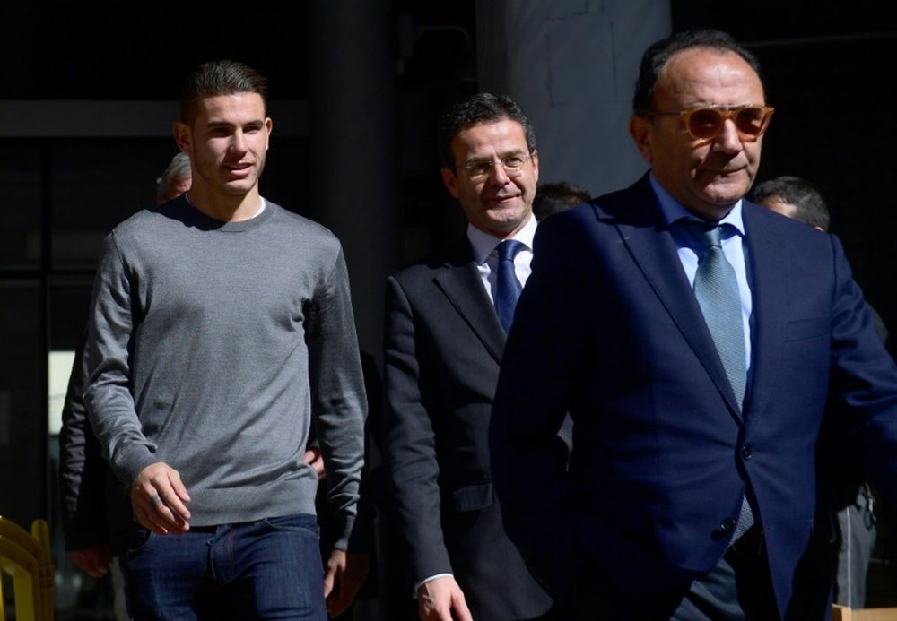 Atletico Madrids French defender Lucas Hernandez leaving the Madrids Criminal Court. AFP
