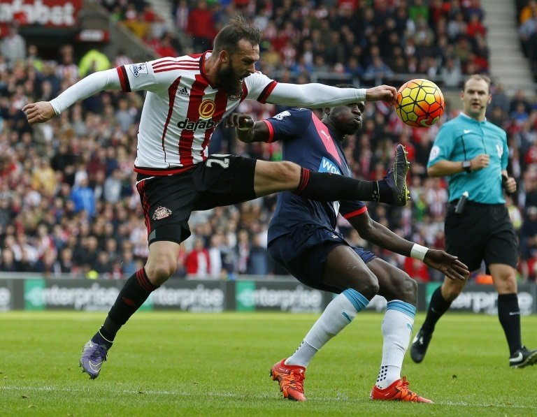 Sunderlands Steven Fletcher (L) fights for the ball with Newcastle Uniteds Moussa Sissoko during their English Premier League match, at the Stadium of Light in Sunderland, on October 25, 2015