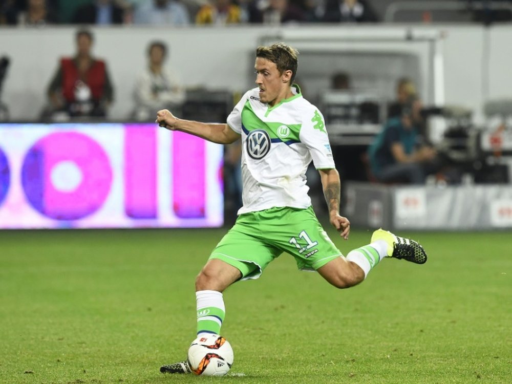 Wolfsburg's striker Max Kruse shoots during the penalties of the German Super Cup match against Bayern Munich in Wolfsburg on August 1, 2015