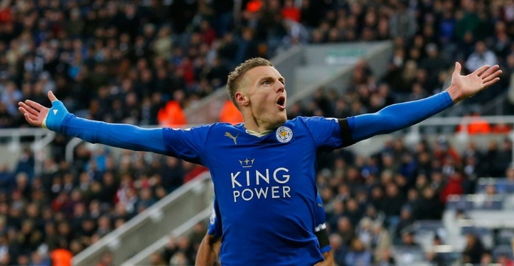 Leicester City striker Jamie Vardy celebrates scoring against Newcastle United on November 21, 2015