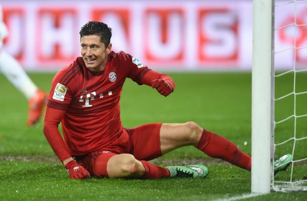 Bayern Munichs Robert Lewandowski, seen during their German first division Bundesliga match against Augsburg, in Augsburg, on February 14, 2016