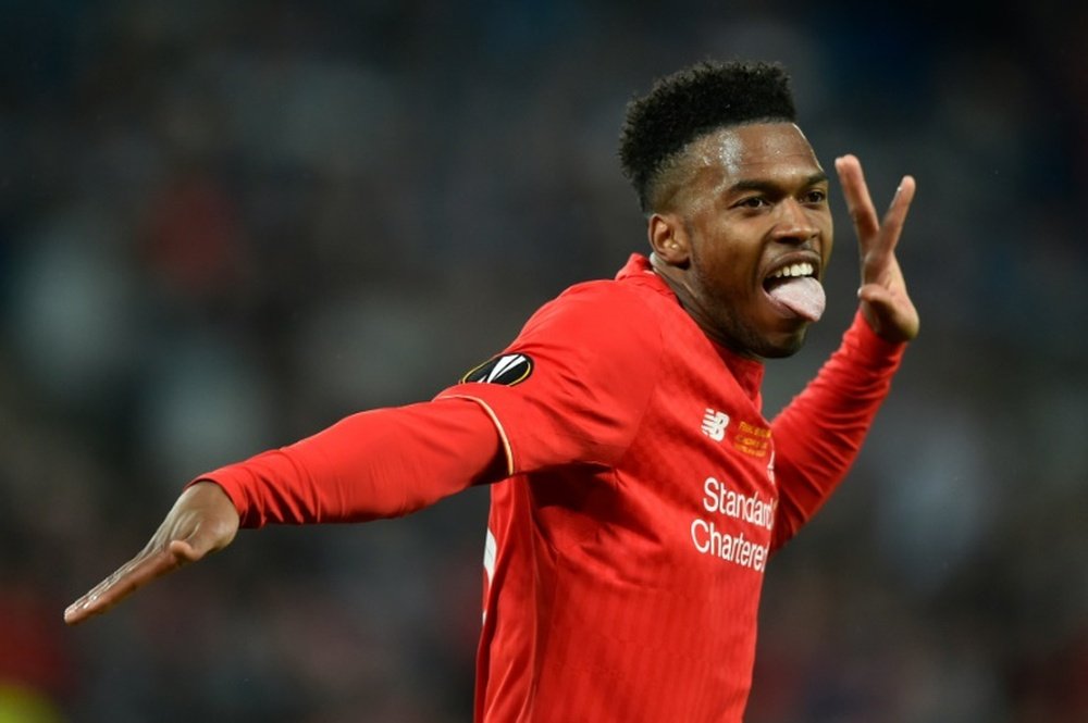 Liverpool's forward Daniel Sturridge celebrates after scoring the first goal during the UEFA Europa League final football match between Liverpool FC and Sevilla FC in Basel, on May 18, 2016