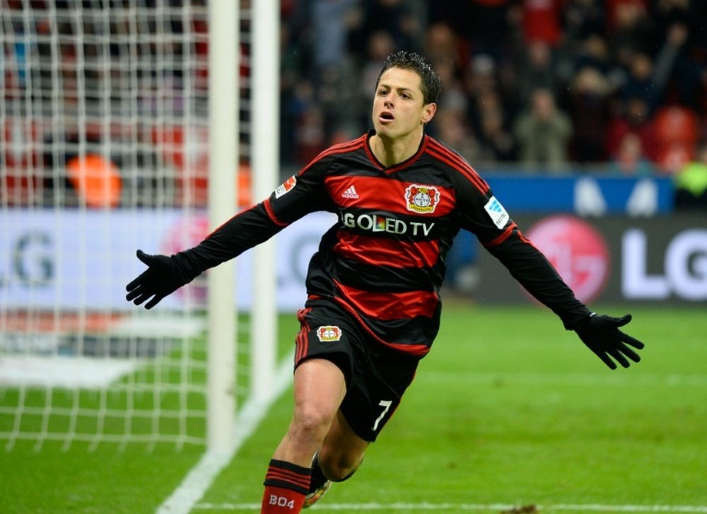 Leverkusens Mexican forward Javier Hernandez (Chicharito) celebrates after scoring during a German first division Bundesliga football match against Hannover 96 on January 30, 2016