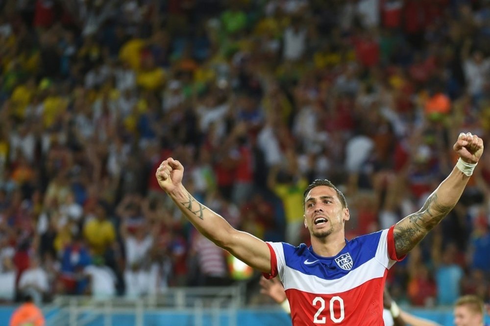 US defender Geoff Cameron celebrates after US defender John Brooks scored during a Group G football against Ghana during the 2014 FIFA World Cup on June 16, 2014
