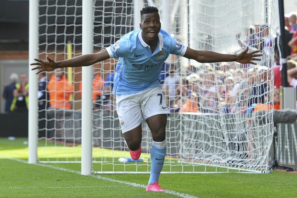 Manchester Citys Nigerian striker Kelechi Iheanacho celebrates scoring the winning goal during the English Premier League football match between Crystal Palace and Manchester City at Selhurst Park in London on September 12, 2015. AFP PHOTO / GLYN KIRKRESTRICTED TO EDITORIAL USE. No use with unauthorized audio, video, data, fixture lists, club/league logos or live services. Online in-match use limited to 75 images, no video emulation. No use in betting, games or single club/league/player publications.