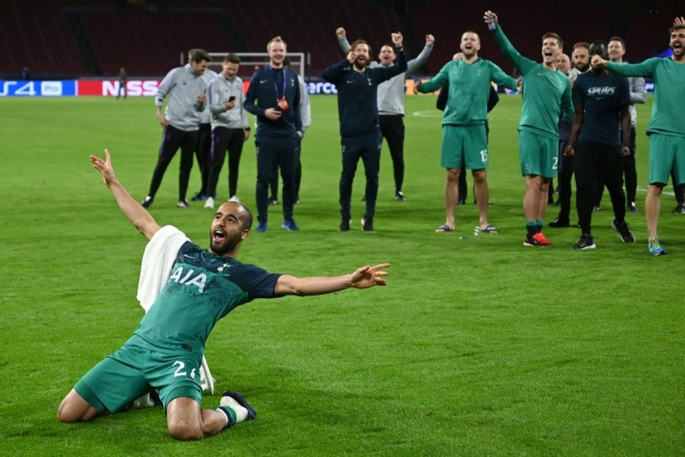 L'immense joie du Brésilien Lucas Moura, auteur d'un triplé face à l'Ajax, qui envoie Tottenham en finale de la Ligue des champions, le 8 mai 2019 à Amsterdam