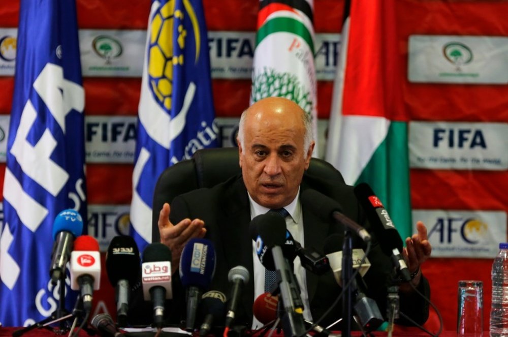 Palestinian Football Association head Jibril Rajoub holds a press conference. AFP