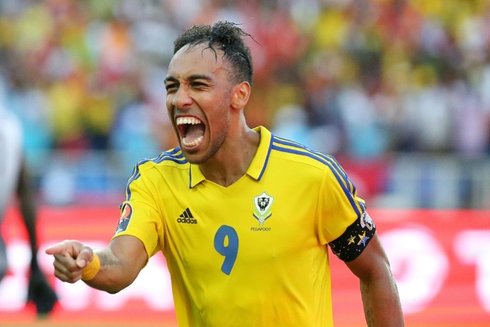 Gabons Pierre-Emerick Aubameyang celebrates after scoring a goal during their 2017 Africa Cup of Nations Group A match against Guinea-Bissau, at the Stade de lAmitie Sino-Gabonaise in Libreville, on January 14, 2017