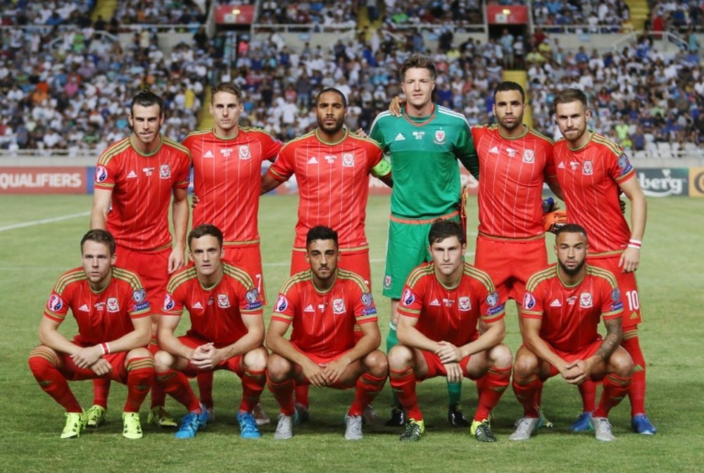 Wales players pose for a group picture ahead of the EURO 2016 qualifying football match between Cyprus and Wales at the GSP stadium in the Cypriot capital Nicosia on September 3, 2015