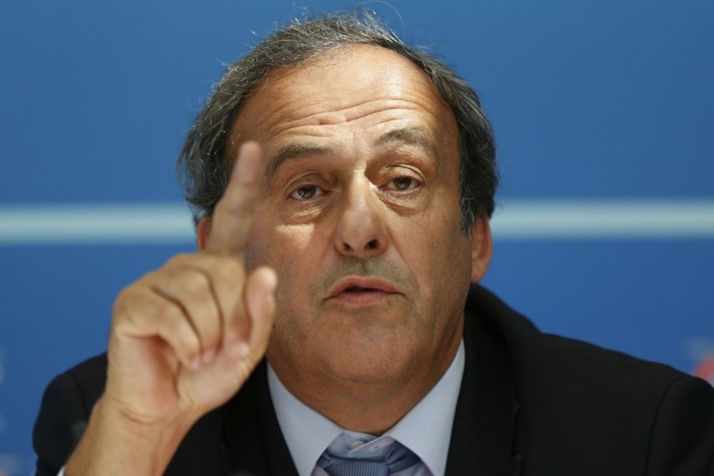 UEFA chief Michel Platini speaks during a UEFA press conference after the draw for the UEFA Europa League football group stage 2015/16 on August 28, 2015 in Monaco