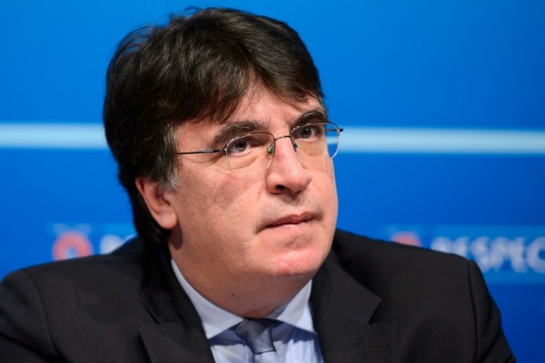 Greek Theodore Theodoridis looks on during a press conference at the UEFA headquarters on March 4, 2016 in Nyon