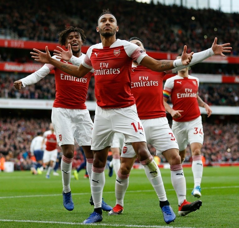 Aubameyang's brace helped Arsenal take bragging rights in the North London derby. AFP