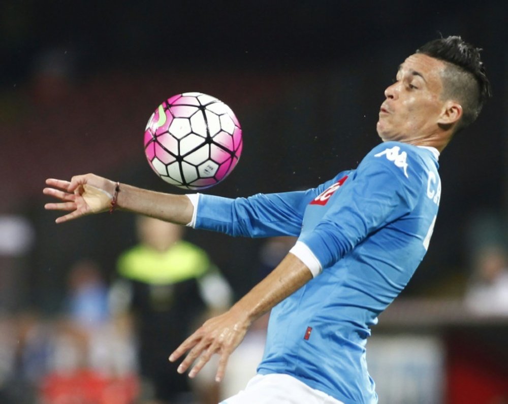 Napolis forward from Spain Jose Maria Callejon controls the ball during the Italian Serie A football match SSC Napoli vs UC Sampdoria on August 30, 2015 at the San Paolo stadium in Naples