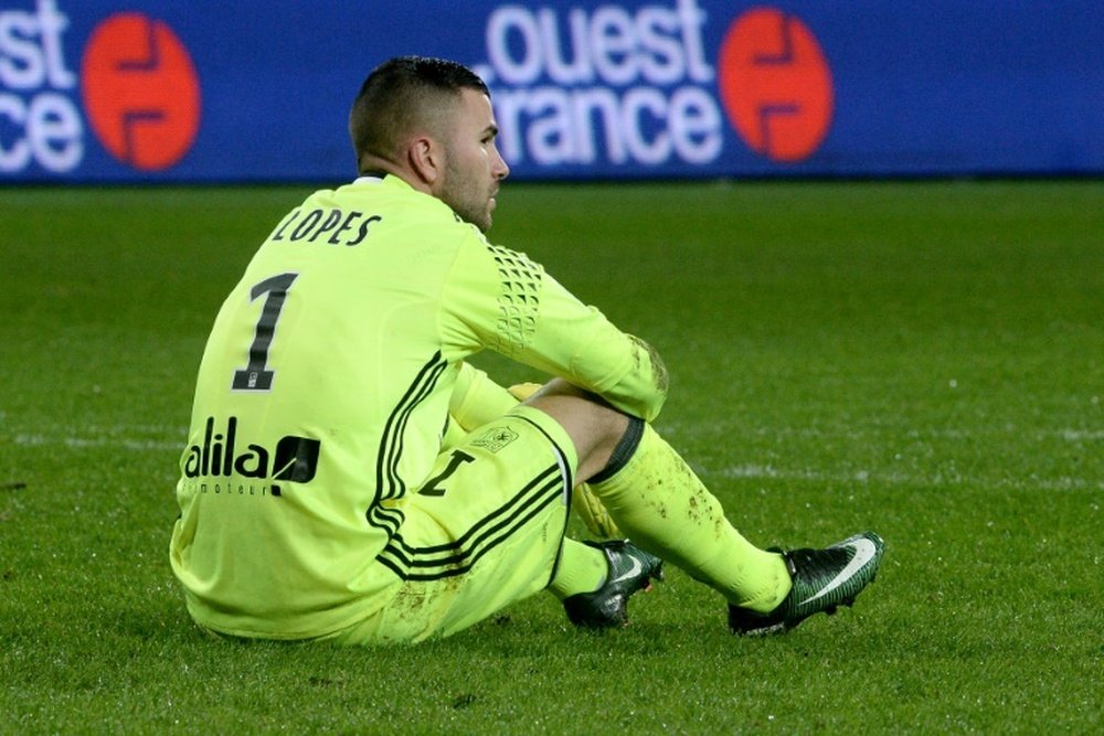 Lyons French-Portuguese goalkeeper Anthony Lopes reacts at the end of the game. AFP