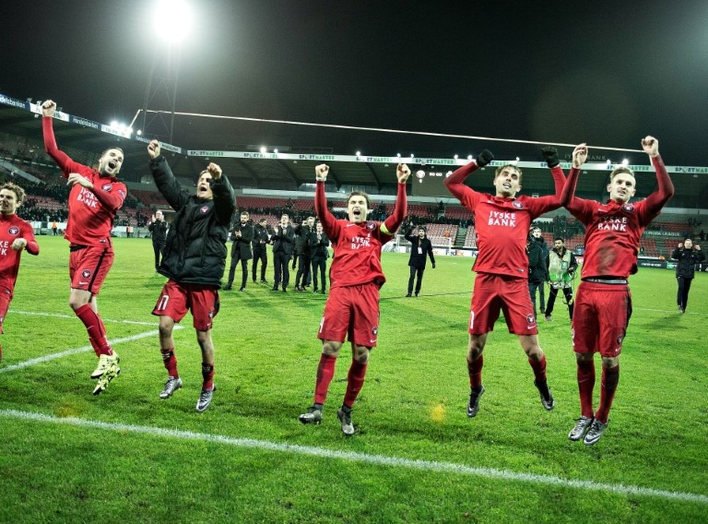 FC Midtjylland players celebrate after a Europa League game against Club Brugge in Herning. BeSoccer