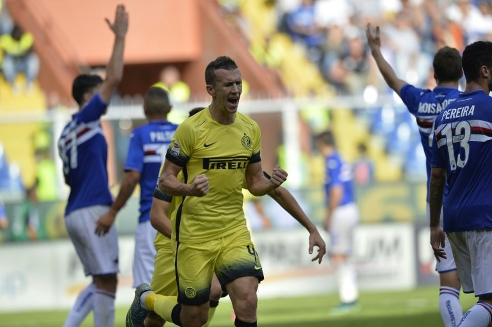 Ivan Perisic celebrates after scoring for Inter Milan against Sampdoria in Genoa on October 4, 2015