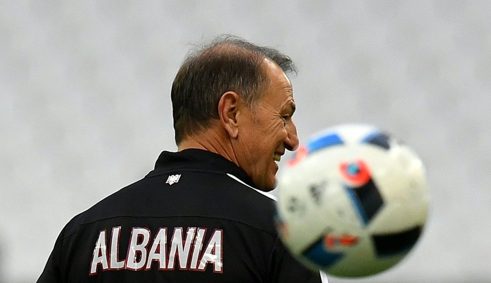 Albanias coach Gianni De Biasi attends a training session in Marseille on June 14, 2016, on the eve of their Euro 2016 football match against France