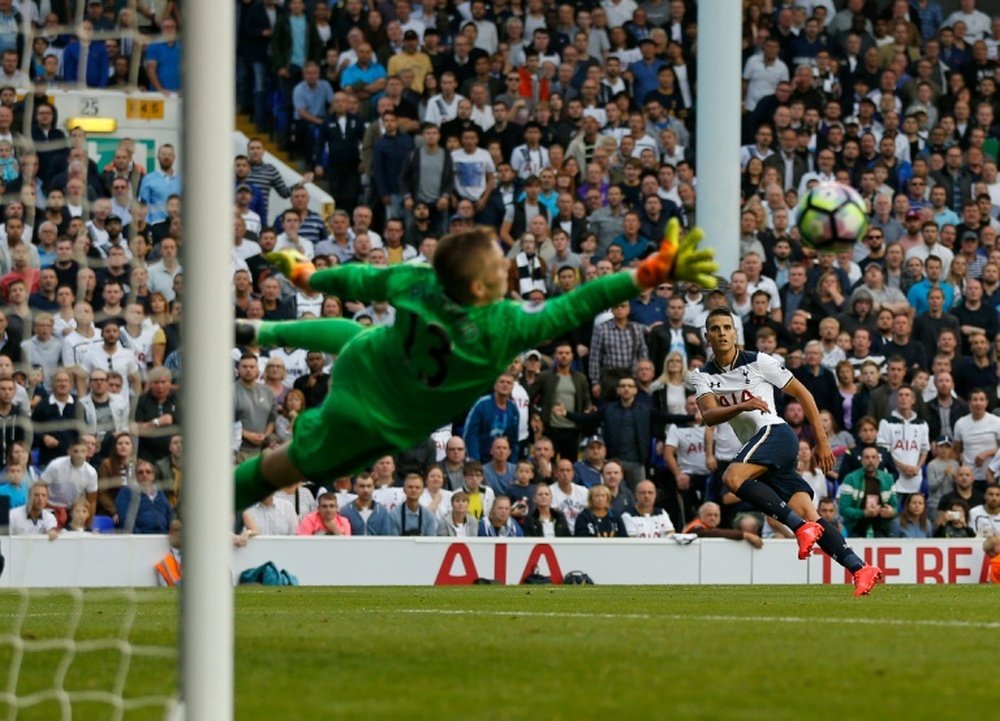 Jordan Pickford saves a shot by Erik Lamela in Sunderlands match against Tottenham Hotspur at White Hart Lane on September 18, 2016