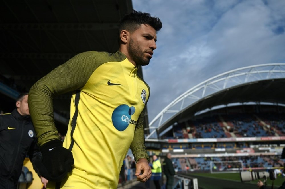 Sergio Aguero warms up ahead of Manchester Citys FA Cup game against Huddersfield Town. AFP