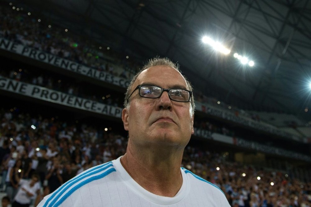Marseilles head coach Marcelo Bielsa looks on prior to a French L1 football match against Caen on August 8, 2015 at the Velodrome stadium in Marseille, southern France
