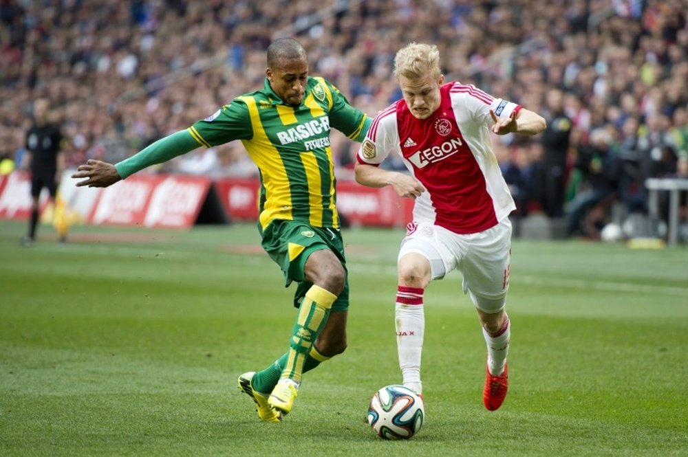 Mitchell Schet of ADO Den Haag (L) challenges Nicolai Boilesen of Ajax Amsterdam during the Dutch Eredivisie match in Amsterdam on April 13, 2014