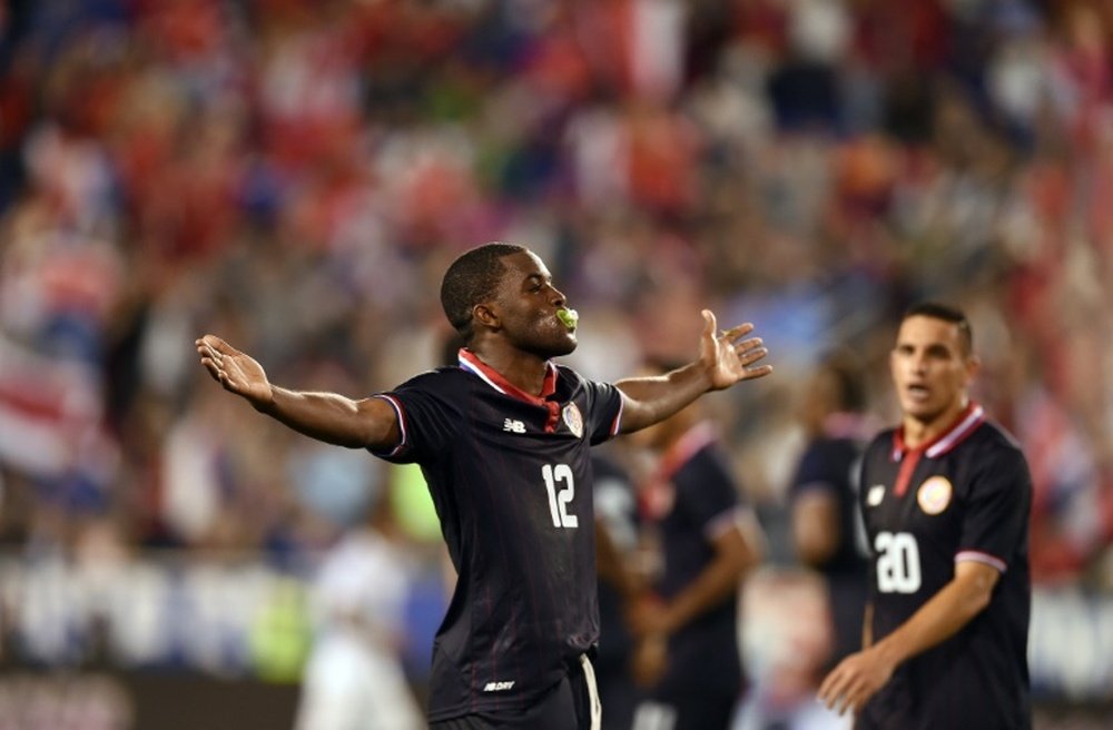 Costa Ricas Joel Campbell sucks a pacifier in celebration after scoring a goal against the US, during their intl friendly, at the Red Bull Arena in Harrison, New Jersey, on October 13, 2015