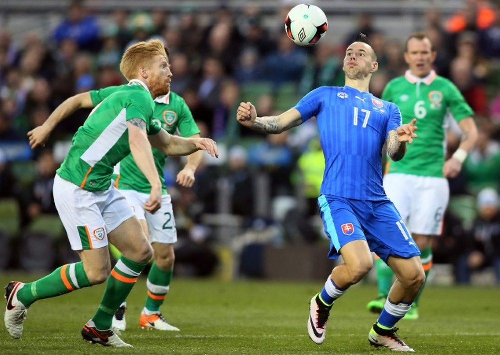 Slovakias midfielder Marek Hamsik (R) controls the ball during the international friendly football match between Republic of Ireland and Slovakia at Aviva Stadium in Dublin on March 29, 2016