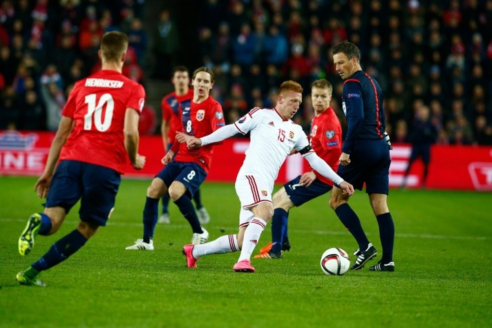 HungaryÂ´s Laszlo Kleinheisler vies for the ball during the first-leg play off qualifier football match for the UEFA 2016 European Championship in France on Novemebr 12, 2016 in Oslo, Norway