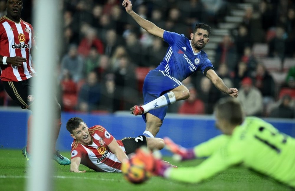 Diego Costa scoring a goal for his side at the Stadium of light. AFP