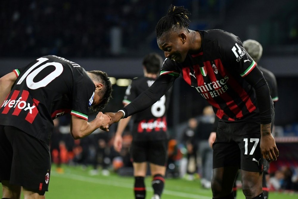 Leao (R) has renewed his contract with AC Milan until 2028. AFP