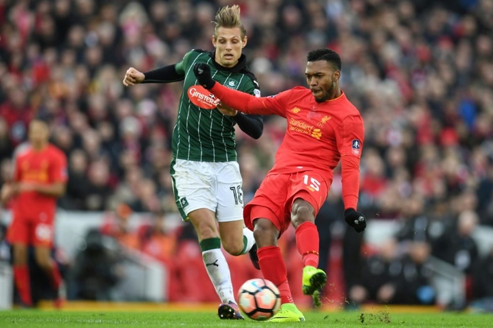 Liverpools Daniel Sturridge (right) in action against Plymouth Argyle. AFP