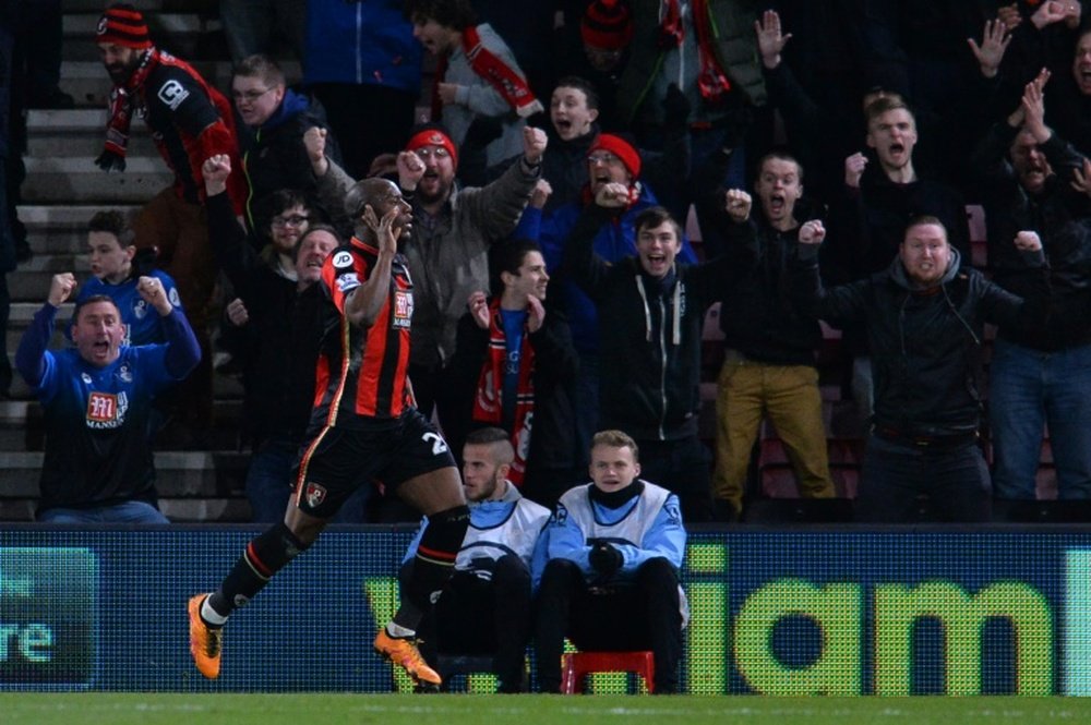 Bournemouths striker Benik Afobe celebrates scoring their second goal during the English Premier League football match between Bournemouth and Southampton in Bournemouth, England on March 1, 2016