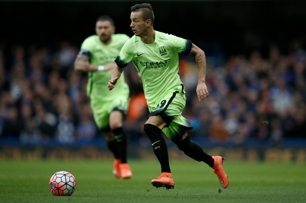 Manchester City Norwegian-Kosovar midfielder Bersant Celina runs with the ball during an English FA Cup match against Chelsea at Stamford Bridge in London on February 21, 2016
