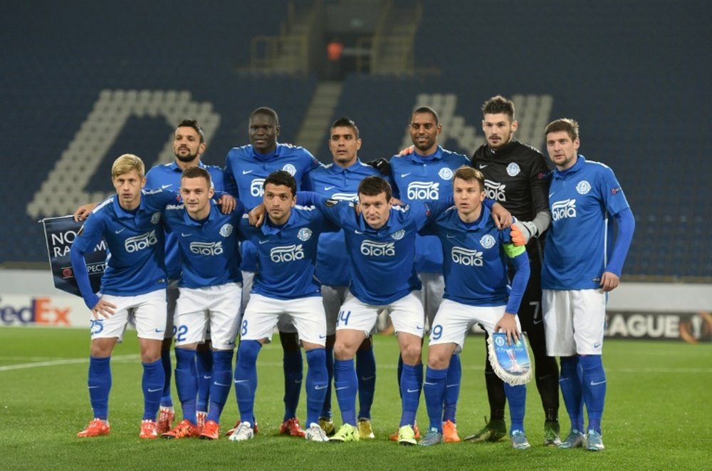 Players of FC Dnipro posing for a team photo before their UEFA Europa League Group G football match FC Dnipro vs AS Saint-Etienne at the Dnipro Arena stadium in Dnipropetrovsk on October 22, 2015