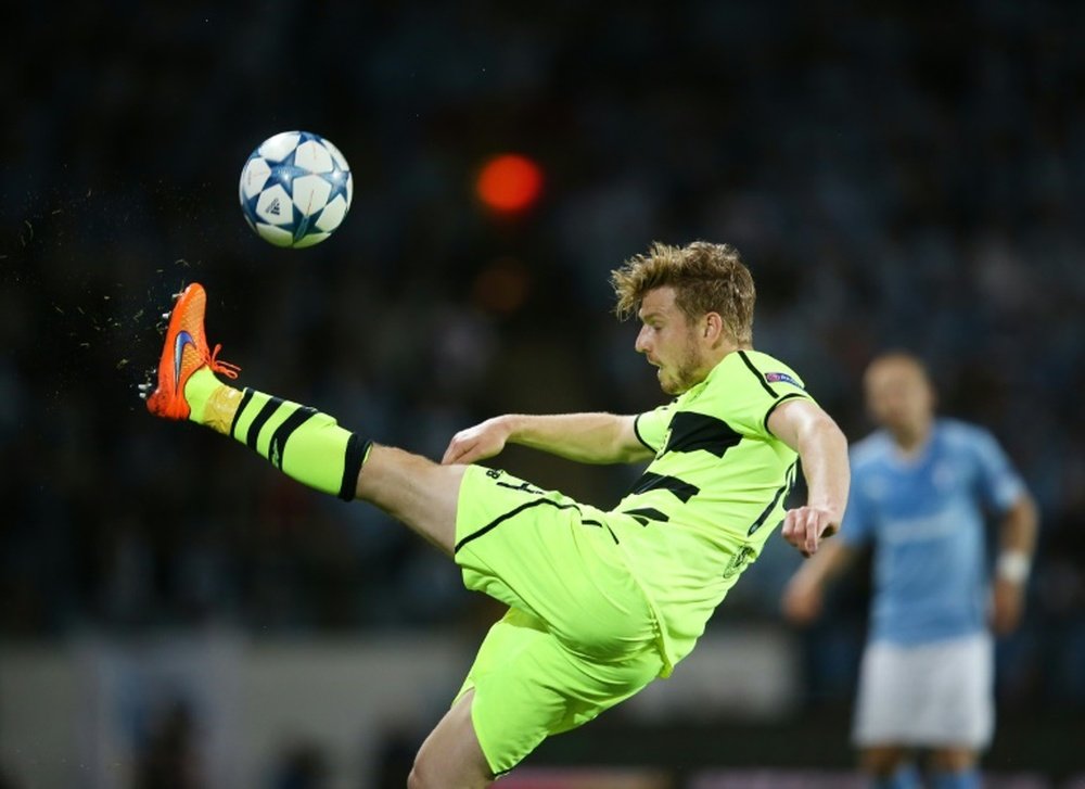 Celtics Stuart Armstrong kicks the ball during their UEFA Champions League play-off 2nd leg match against Malmo, at Malmo New Stadium in Sweden, on August 25, 2015