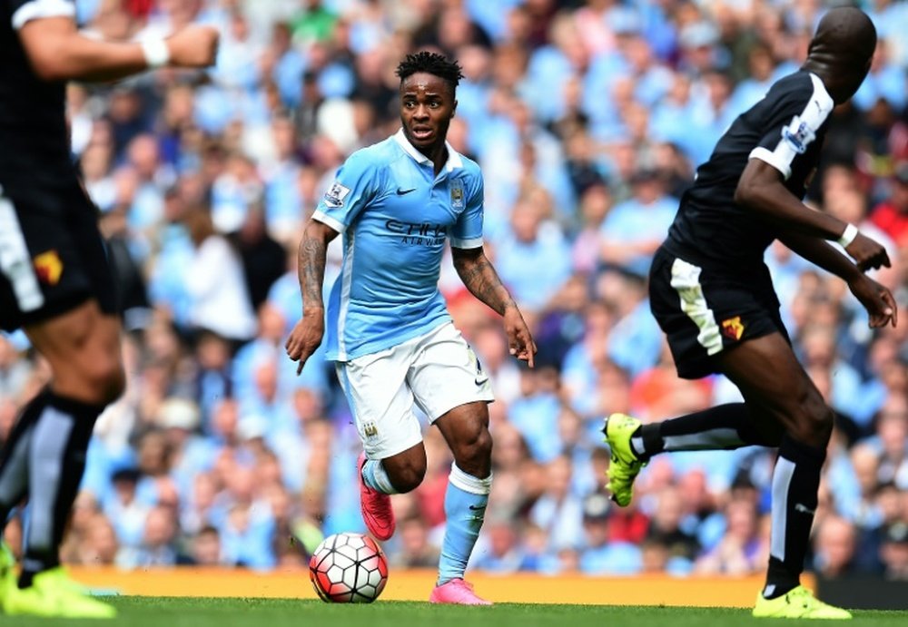 Manchester Citys English midfielder Raheem Sterling runs with the ball during the English Premier League football match between Manchester City and Watford at The Etihad Stadium in Manchester, north west England on August 29, 2015